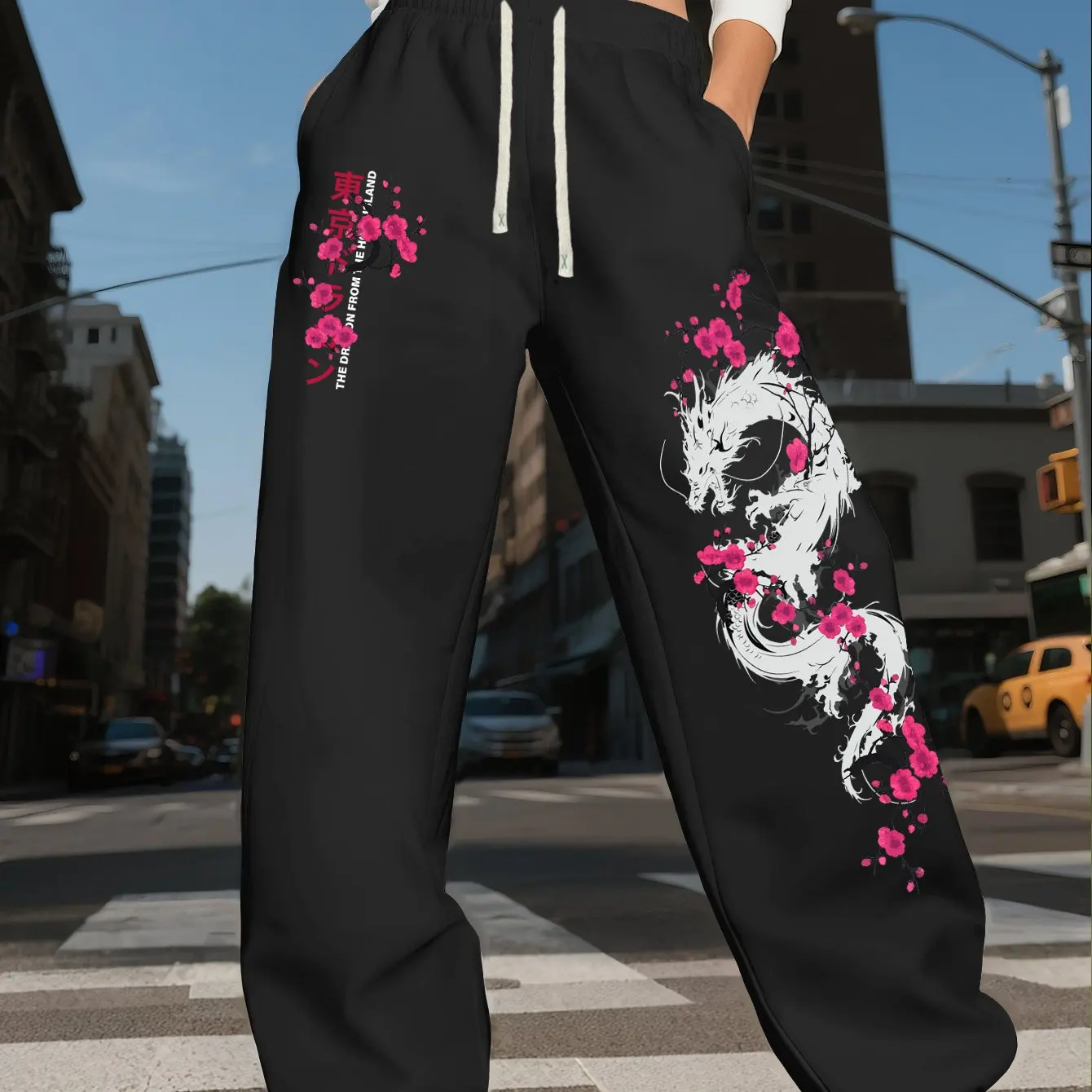 

Y2K Street Style Deep Water Cherry Blossom Dragon Pattern Letter 3D Printing Unisex Sports Pants Fitness Versatile