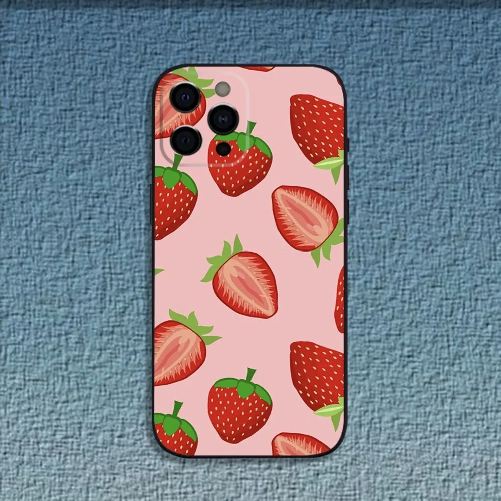 Red Strawberry Fruit Pattern Phone Case For iPhone 16,15,14,13,12,11,Pro,X,XS,Max,XR,Plus,Mini Soft Black Cover image 5