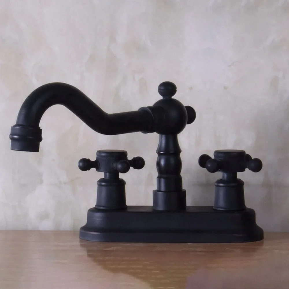 

Смеситель с двумя перекрестными ручками, черный матовый латунный кран для раковины, кухни, бара, ванной комнаты, с двумя отверстиями, anf241