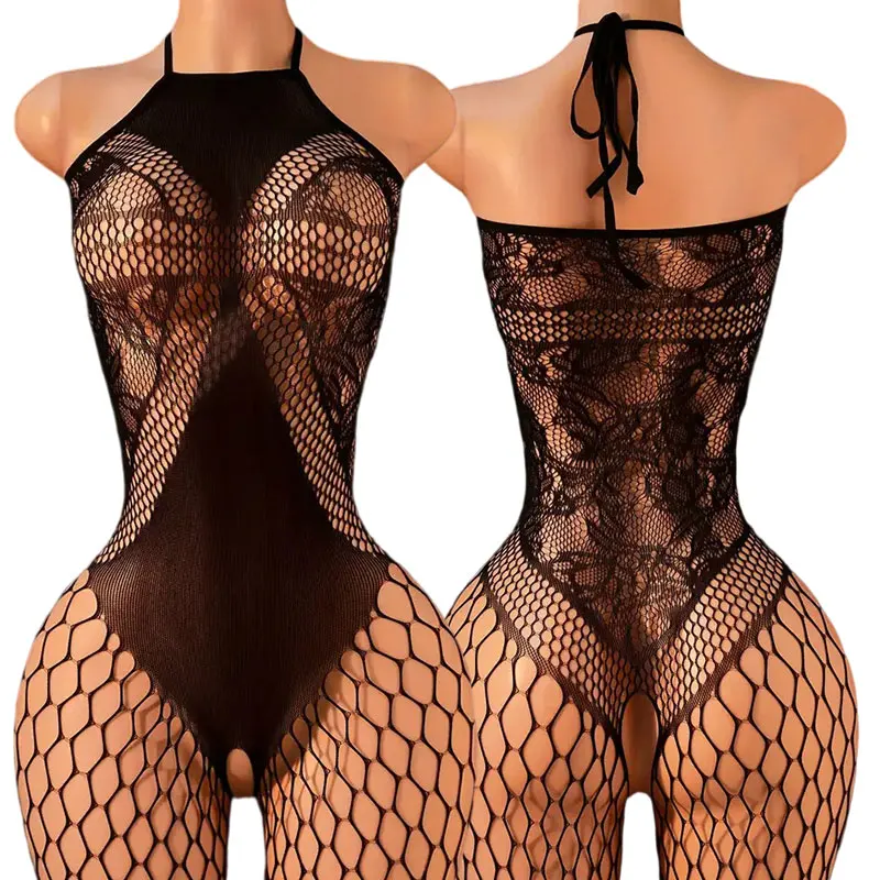 Lace Bra One-Piece Set Crotchless Lingerie Women's Curve Jumpsuit Hot Open Bras Body Stockings Halter Neck See-through Underwear