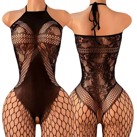 Lace Bra One-Piece Set Crotchless Lingerie Women's Curve Jumpsuit Hot Open Bras Body Stockings Halter Neck See-through Underwear