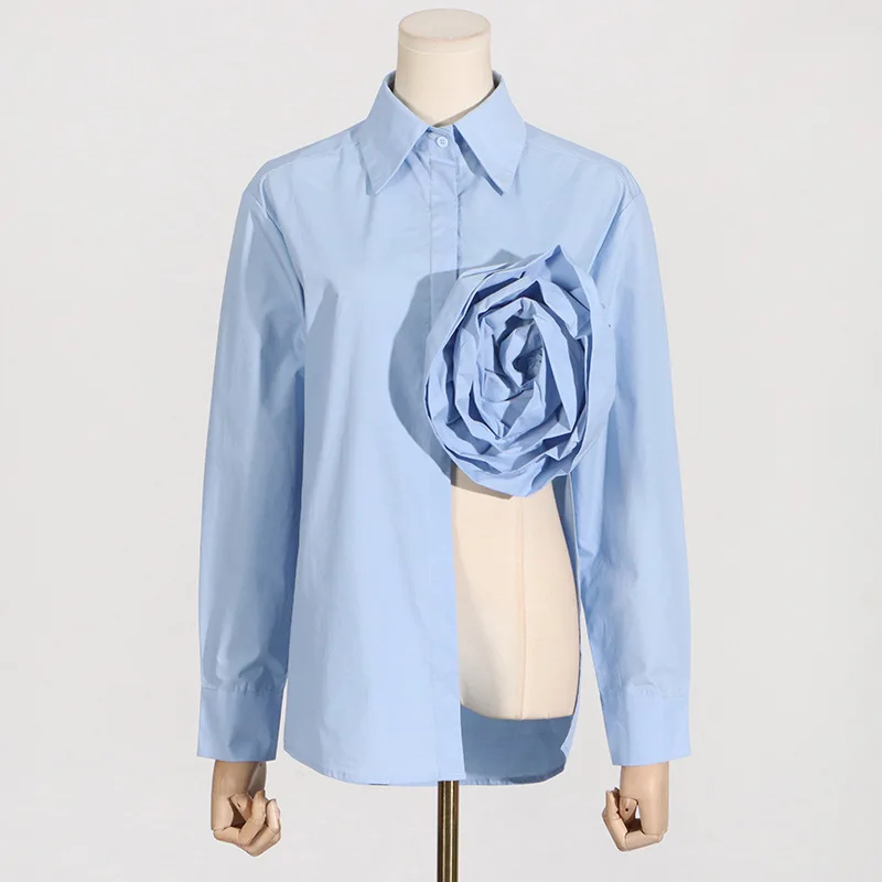 Blue Women Shirt 1 Piece Blazer 3D Flower Female Formal Office Lady Business Work Wear Wedding Sexy Hollow Hem Coat Prom Jacket