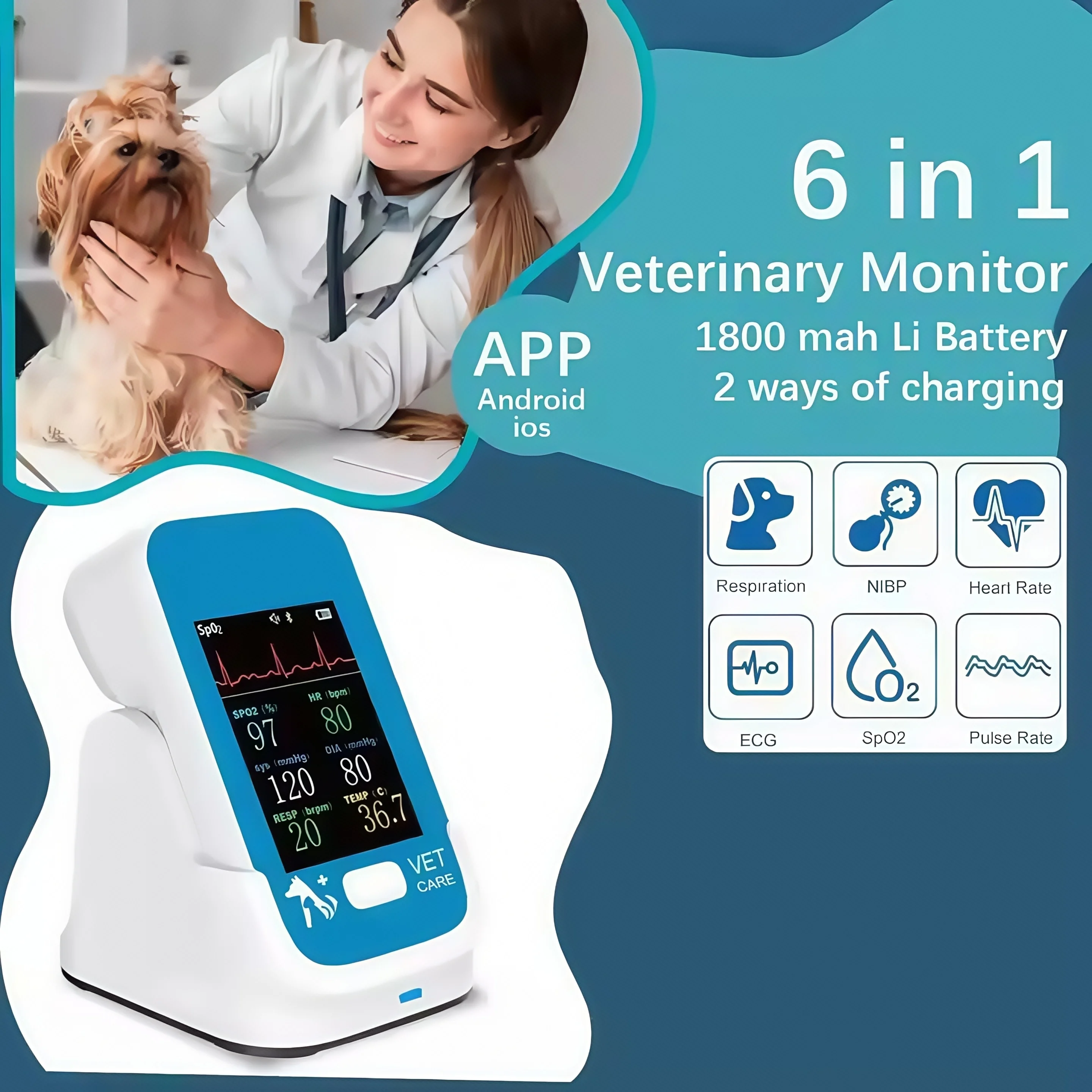 

Veterinary monitors handle various vital signs of animals and pets, such as blood pressure, blood oxygen saturation, ECG, etc