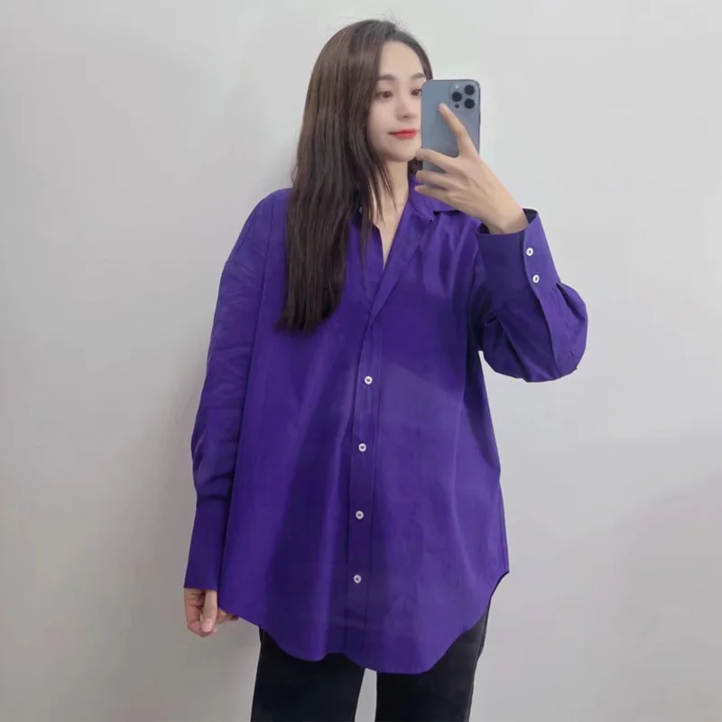 TRAF 2023 Purple Shirt Women Oversize Long Shirts for Women Button Up Shirts and Blouses Woman Long Sleeve Summer Top Female