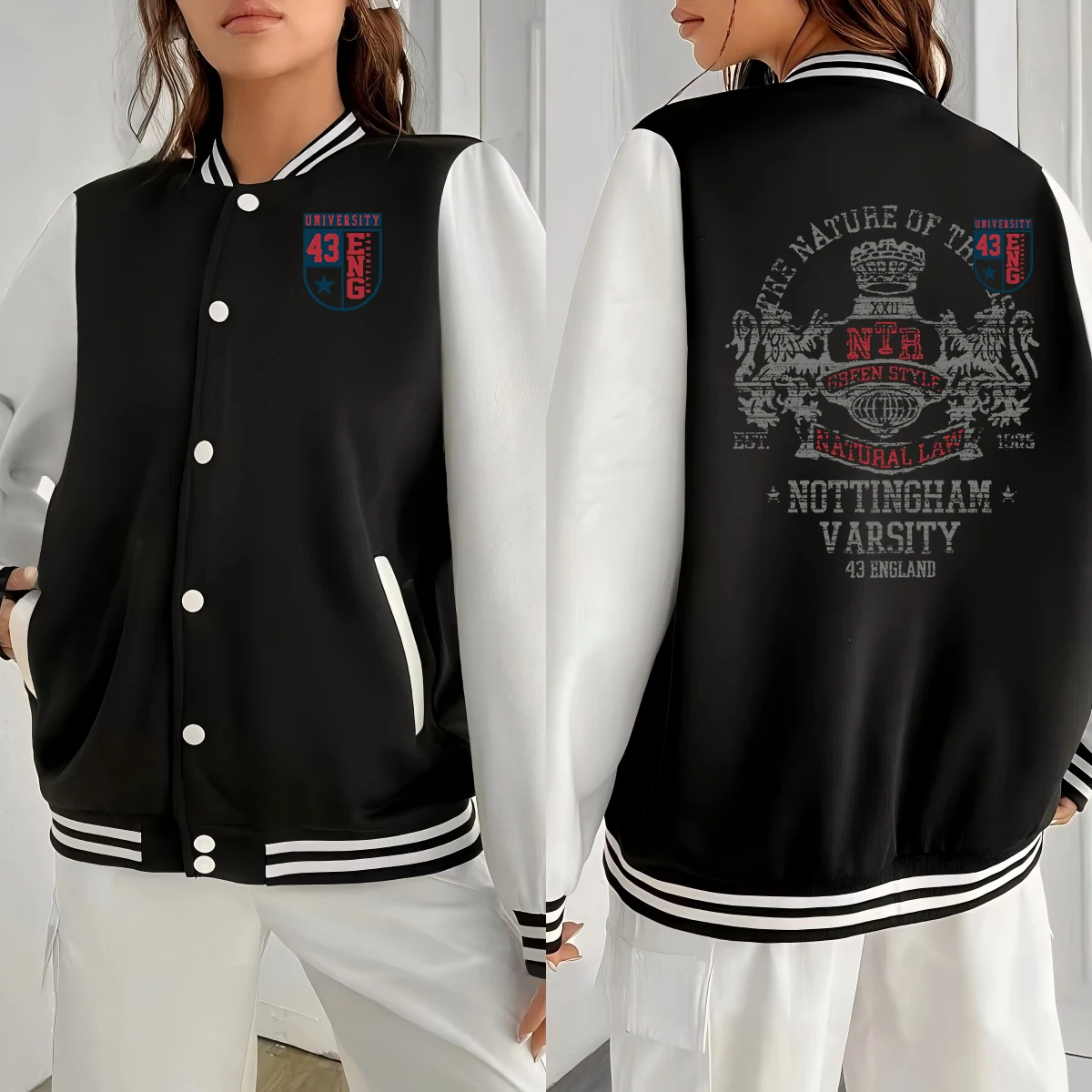 

Nottingham Varsity England Print Baseball Jersey Women Hip Hop Casual Jacket Autumn Loose Sportswear Fleece Comfortable Clothes