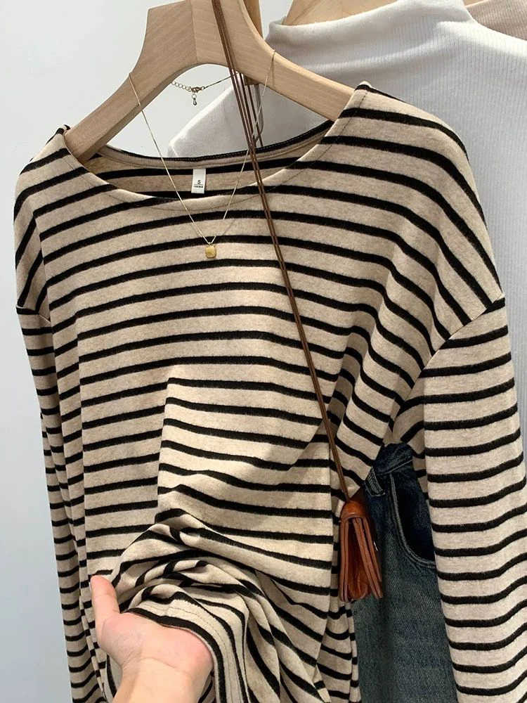 เสื้อยืดผู้หญิงไซส์ใหญ่ 300 ลายทาง ทรงหลวม แขนยาว แฟชั่นลำลอง สไตล์สบายๆ ใส่ได้ทุกวัน