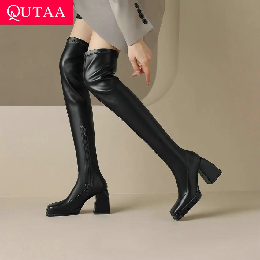 QUTAA 2024 Fashion Platforms Women Over The Knee Boots Autumn Winter Zipper Slim High Boots Office Lady Party Shoes Size 34-40