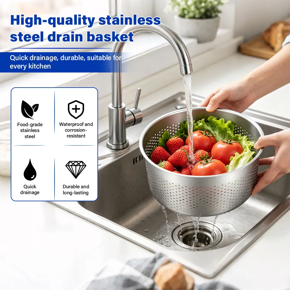 Thickened Stainless Steel Rice Strainer Drain Basin Dense Hole Basket Vegetable Washing Basin Home Use round Shape Water Drai