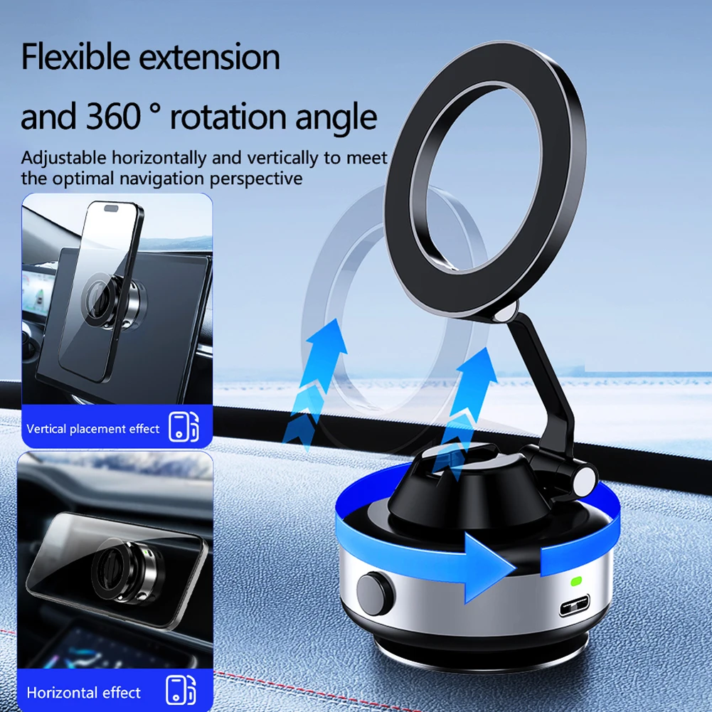 Car Phone Holder Electric Vacuum Suction Cup Phone Mount 360° Rotating Magnetic Adsorption Navigation Bracket For iPhone 16 15