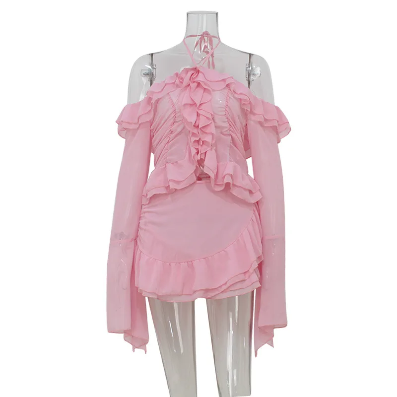 Pink Ruffle Bell Sleeve Dress Set Strapless Chiffon Two-Piece Outfit Sweet Fairy Core Vacation Dress
