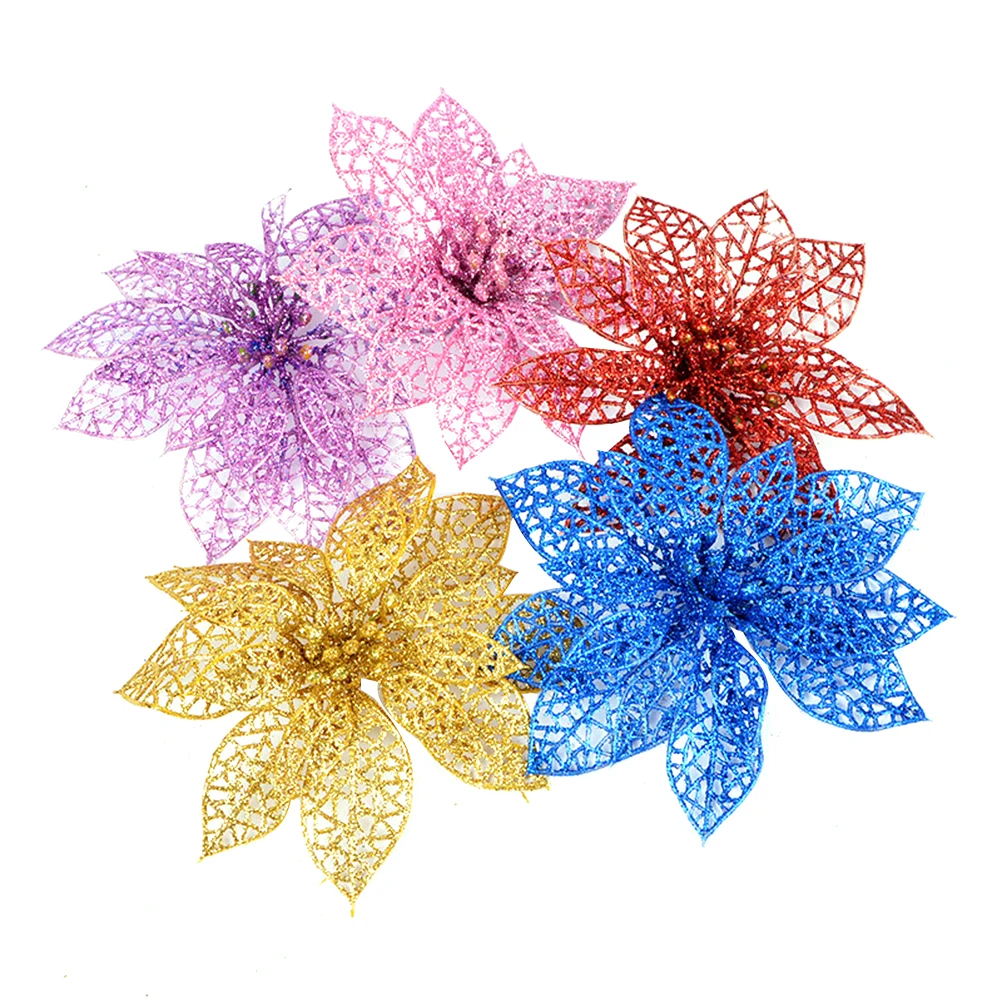 

Golden Glitter Poinsettia Flower Simulated Christmas Tree Flowers Decorations Artificial Fake