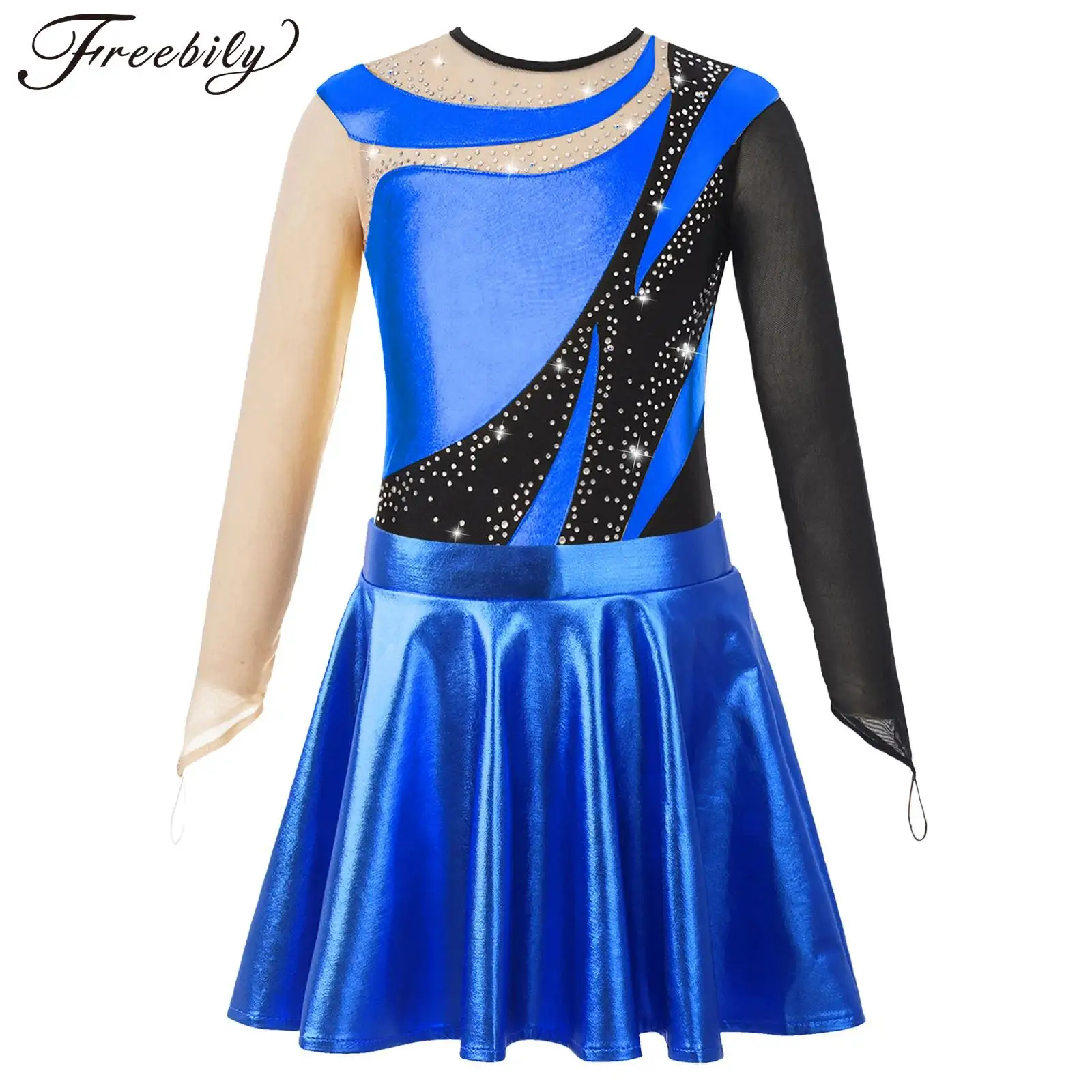 

Kids Ballet Gymnastics Outfit for Girls Teens Keyhole Back Figure Skating Leotard with Metallic Skirt Children Stage Dance Wear