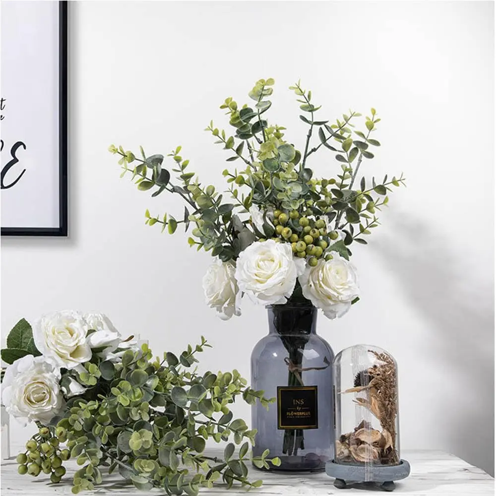 زهور صناعية بيضاء كبيرة - ورود من الحرير الصناعي وأوراق الأوكالبتوس لباقات الزفاف، وترتيبات الزهور، وقطعة مركزية للطاولة