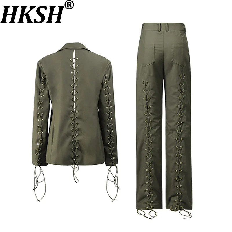 HKSH Women Suit Stylish Crossover Strap Design Slim Blazer High-waisted Solid Color Trendy Straight Leg Casual Pants Set HK27969