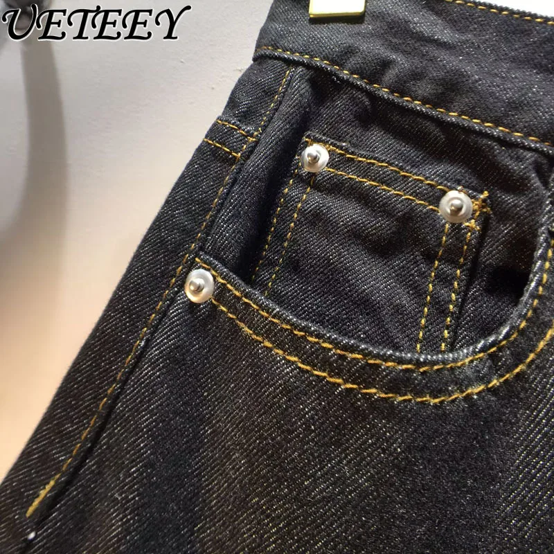 Europejskie Jeansy Damskie na Jesień 2025, Nowe, Wyszczuplające, z Wysokim Stanem, Blokowe Kolory, Panterka, Proste Nogawki, Długie Spodnie