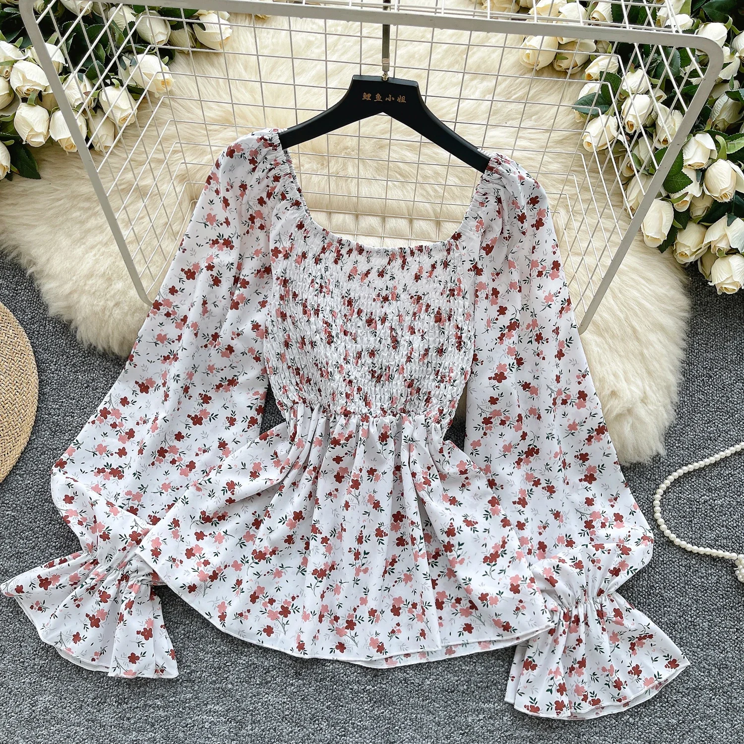 Sweet Vintage Square Collar Elegant Long Flare Sleeves Chic Print Loose Slim Top French Streetwear High Street Autumn Blouse