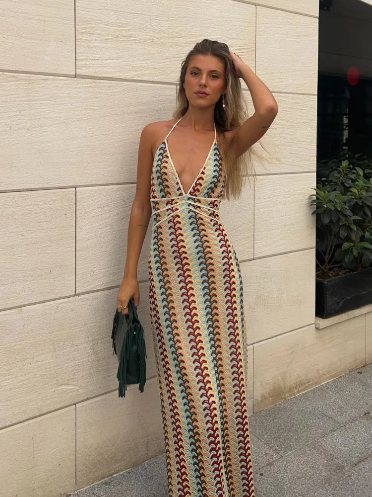 

Fashion Colorful Patchwork Women Halter Maxi Dress Sexy Deep V-neck Backless Bodycon Dresses Summer Lady Beach Vacation Robes