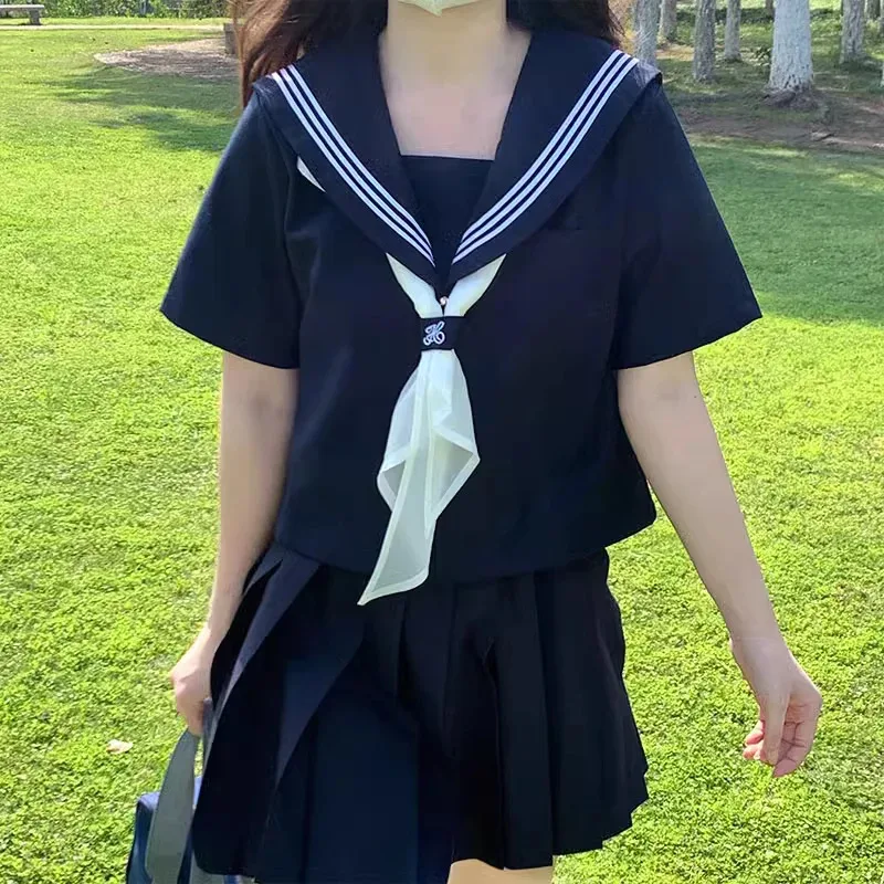 

qq 123Japanese Classical Dark Blue long-sleeved sailor uniforms white collar towel High School JK uniform cosplay Cute Girl DA02