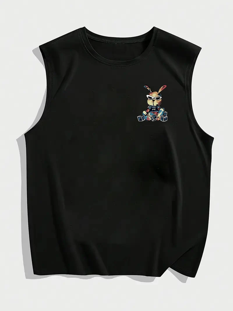 Canotta senza maniche con collo rotondo, comoda e traspirante, da uomo, per il tempo libero, sportiva, fitness, allentata, modello di coniglio cartone animato stampato
