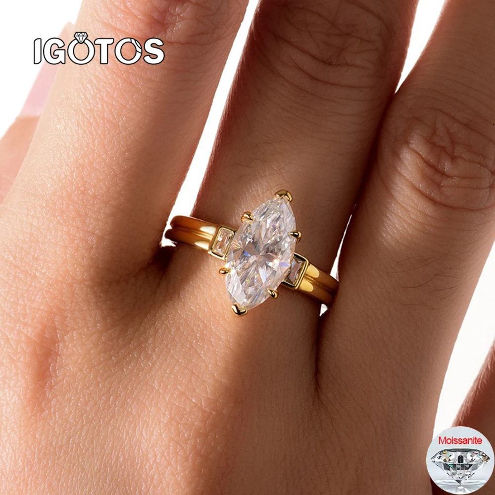 

IGOTOS 3CT Marquise Cut Moissanite Rings Certified 3 Stone 18K Gold Diamond Wedding Bands 925 Sterling Silver Jewelry for Women