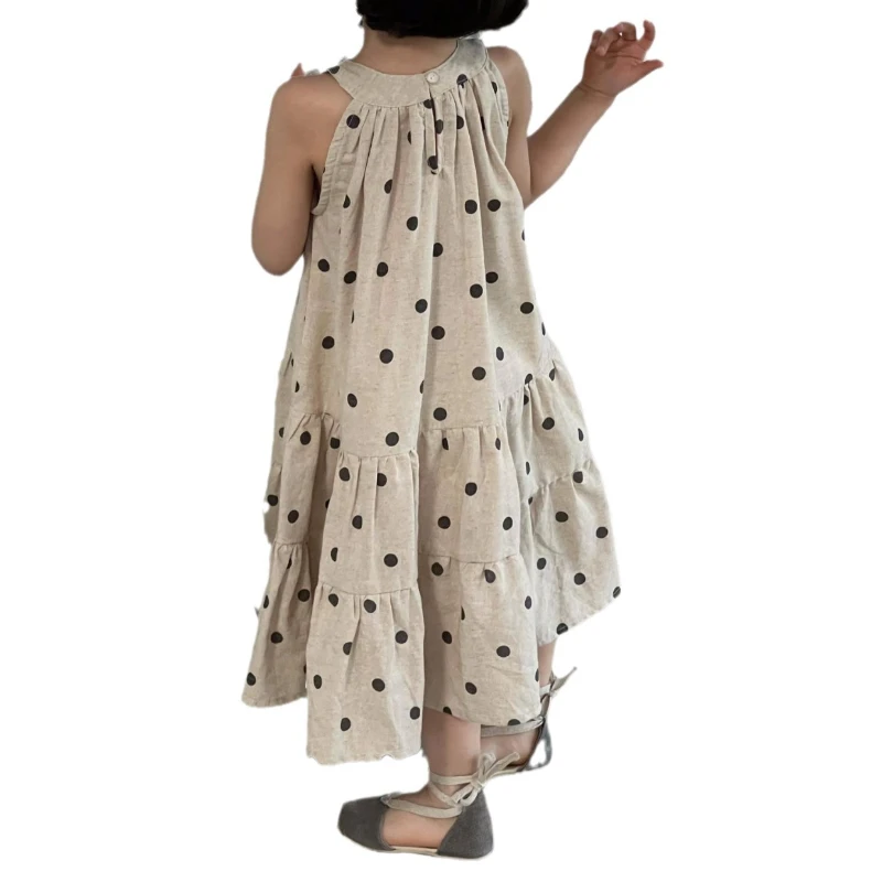 Girls Dress Korean Children Wear 2024 Summer New Fashionable Dress Polka Dot Sleeveless Cotton Linen Casual Simple Kids Dress