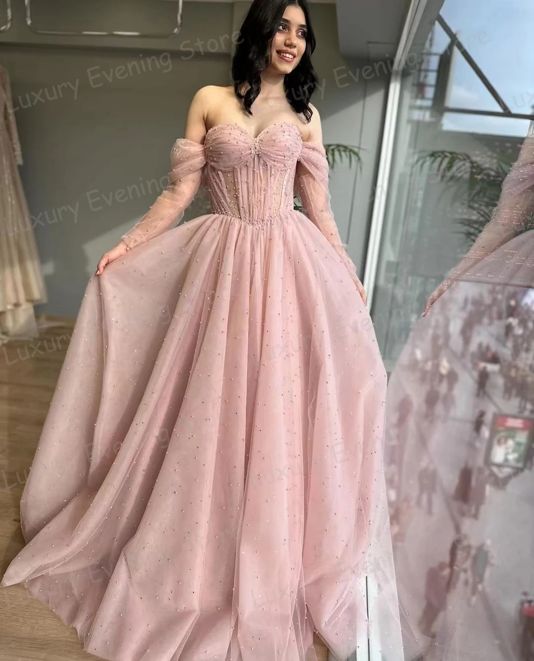 Candy Color Evening Dresses Woman\'s A Line Sexy Sweetheart Princess Off The Shoulder Prom Gowns Elegant Beading Formal Fashion