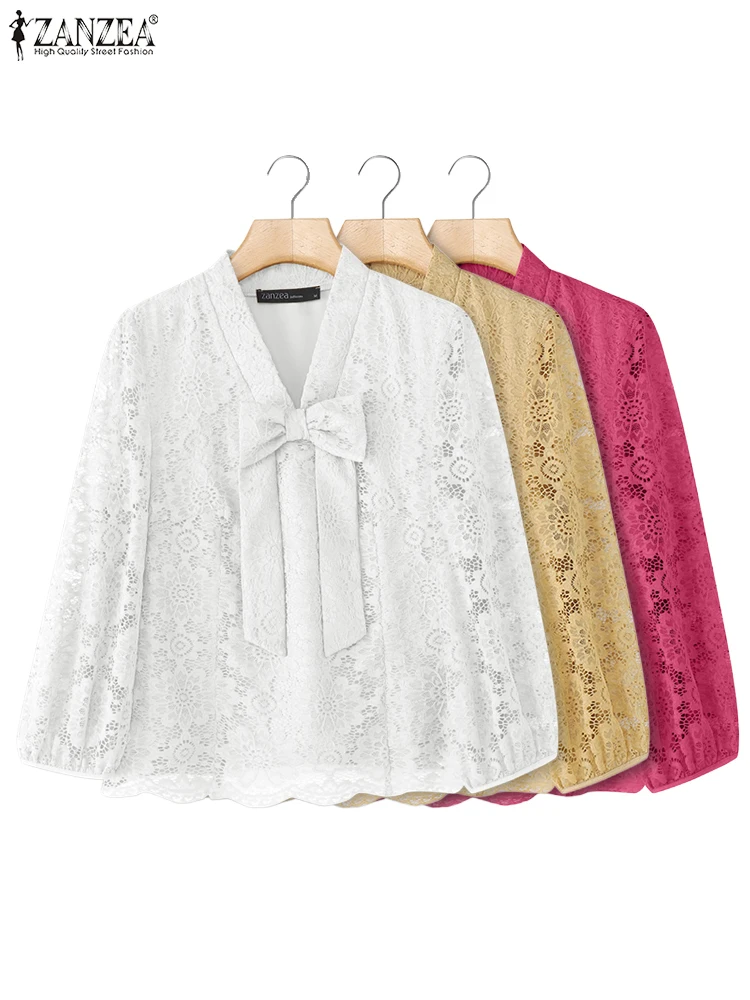 

ZANZEA 2025 модная женская элегантная блузка с кружевным v-образным вырезом и воротником-бабочкой офисные женские рубашки осень 3/4 с пышными рукавами повседневные блузки топы