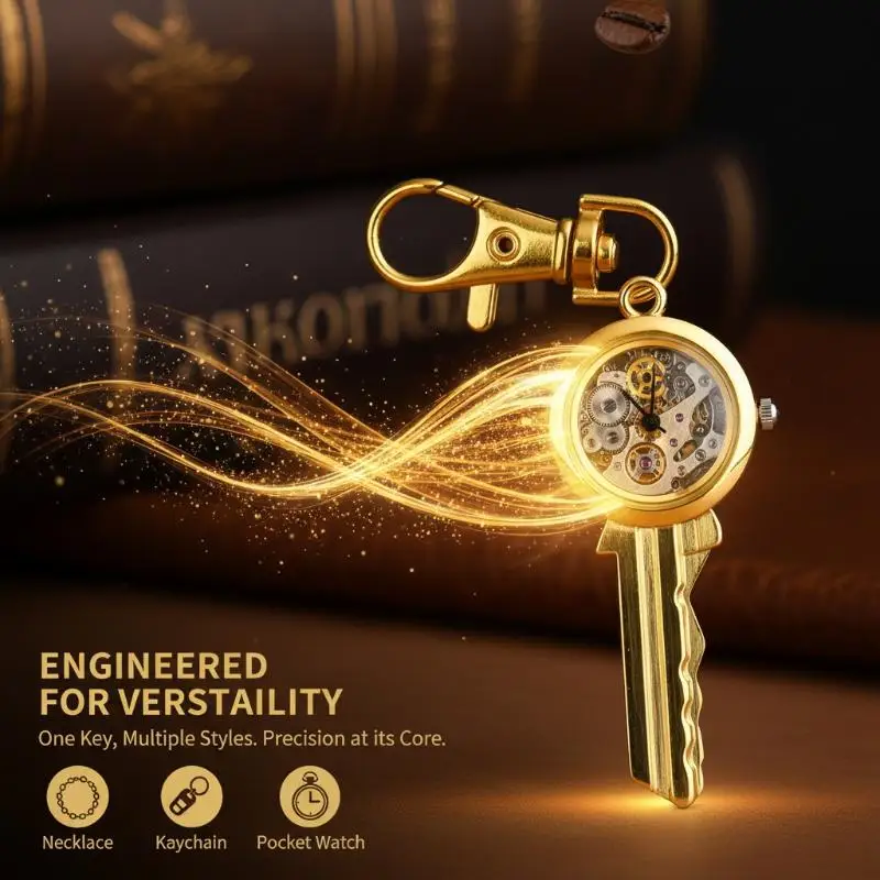 Mini-Quarzuhr in Form eines goldenen Schlüssels mit Schlüsselanhänger, klarem Zifferblatt, perfekt für den täglichen Gebrauch, Taschenanhänger, kreatives Geschenk. – Detail 9