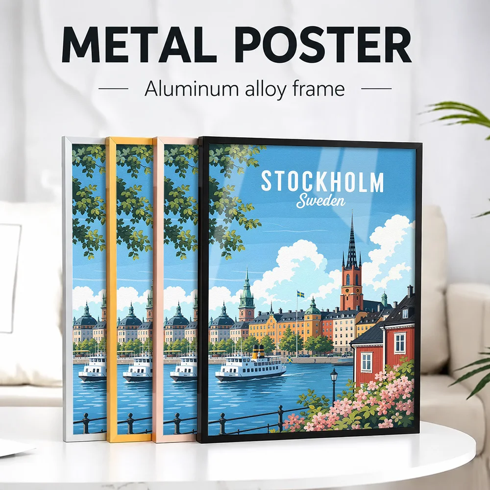 Stockholm Sweden Travel Framed Metal Print Customized Photo Minimalist Landmark Style Wall Art For Apartment Housewarming Gift