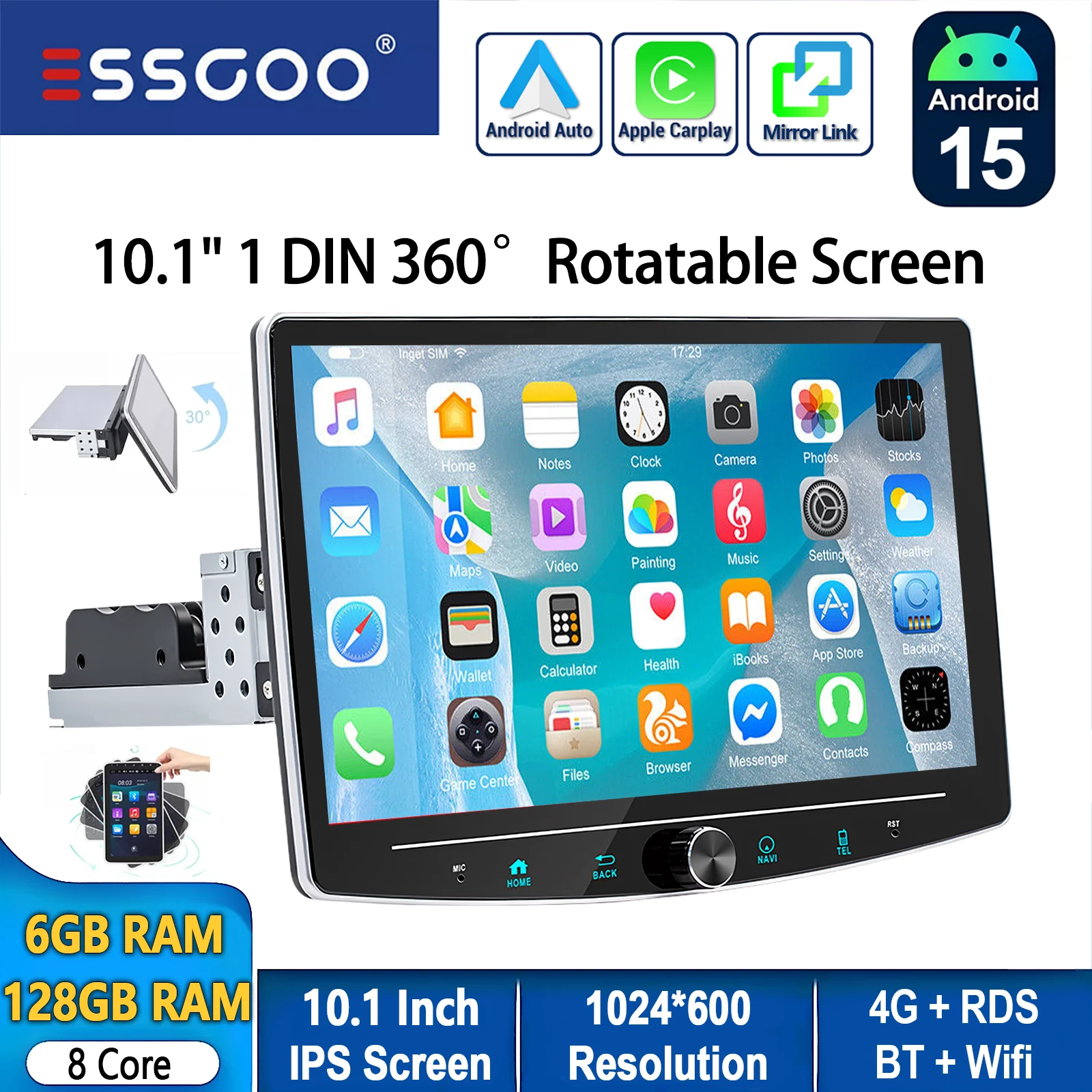 ESSGOO Android 15 10.1 "360 °   Draaibaar scherm 1DIN 6 + 128G 8core 4G Universele autoradio Carplay met microfoon AM Wifi BT RDS SWC - afbeelding 1