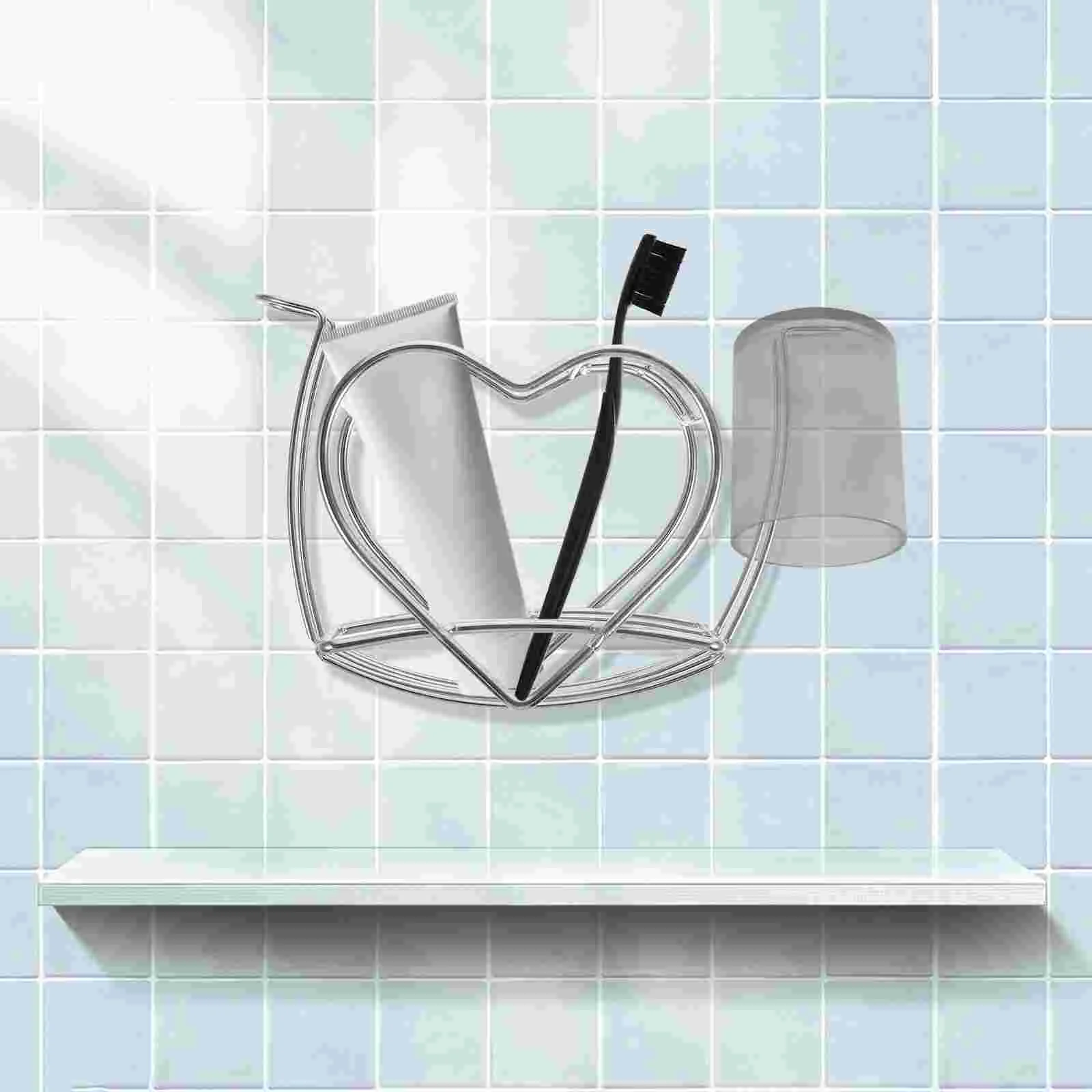 Toothbrush Stand Heart Shaped Wash Rack Stainless Steel Holder Toiletries Storage Organizer