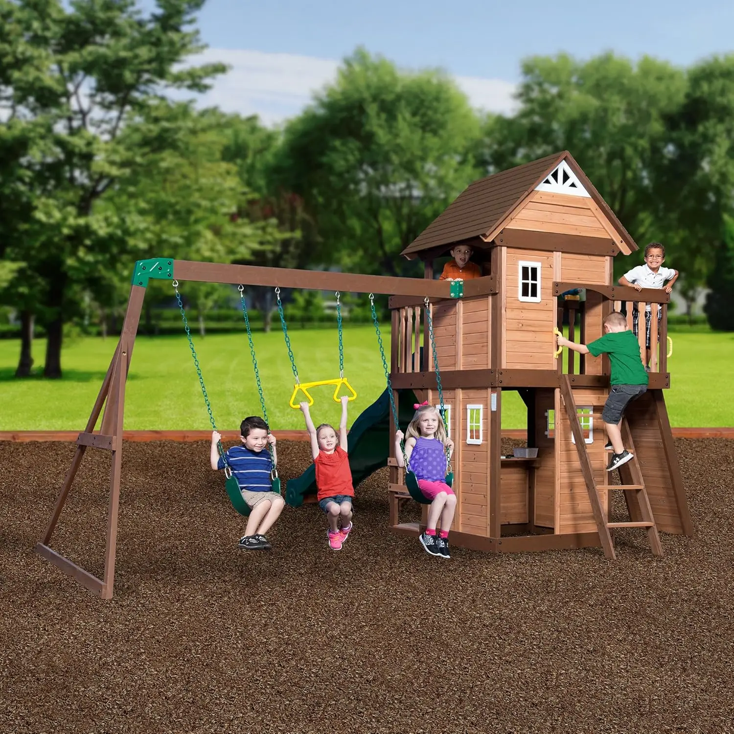 Discovery Mount Triumph All Cedar Swing Set, Covered Upper Clubhouse, Telescope, Steering Wheel, Lower Playhouse, Sink,