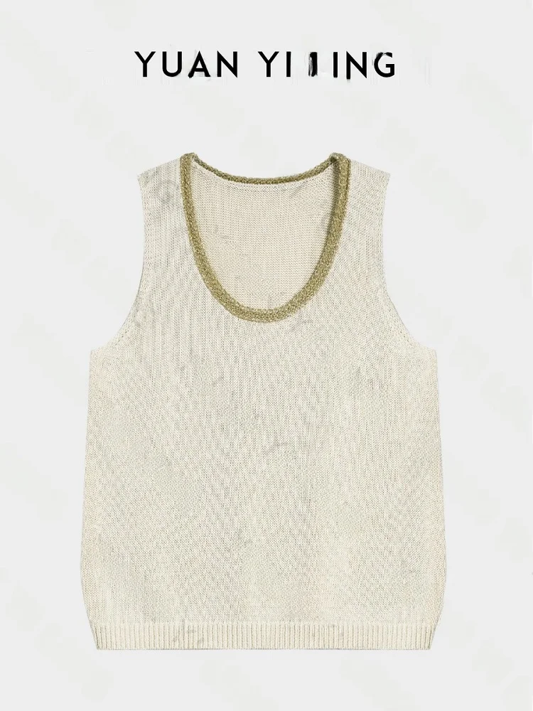 

Винтажный вязаный жилет Yuan Ling в стиле ретро, женская одежда с золотой нитью, весна-лето 2025, однотонный, стандартной длины, хлопок
