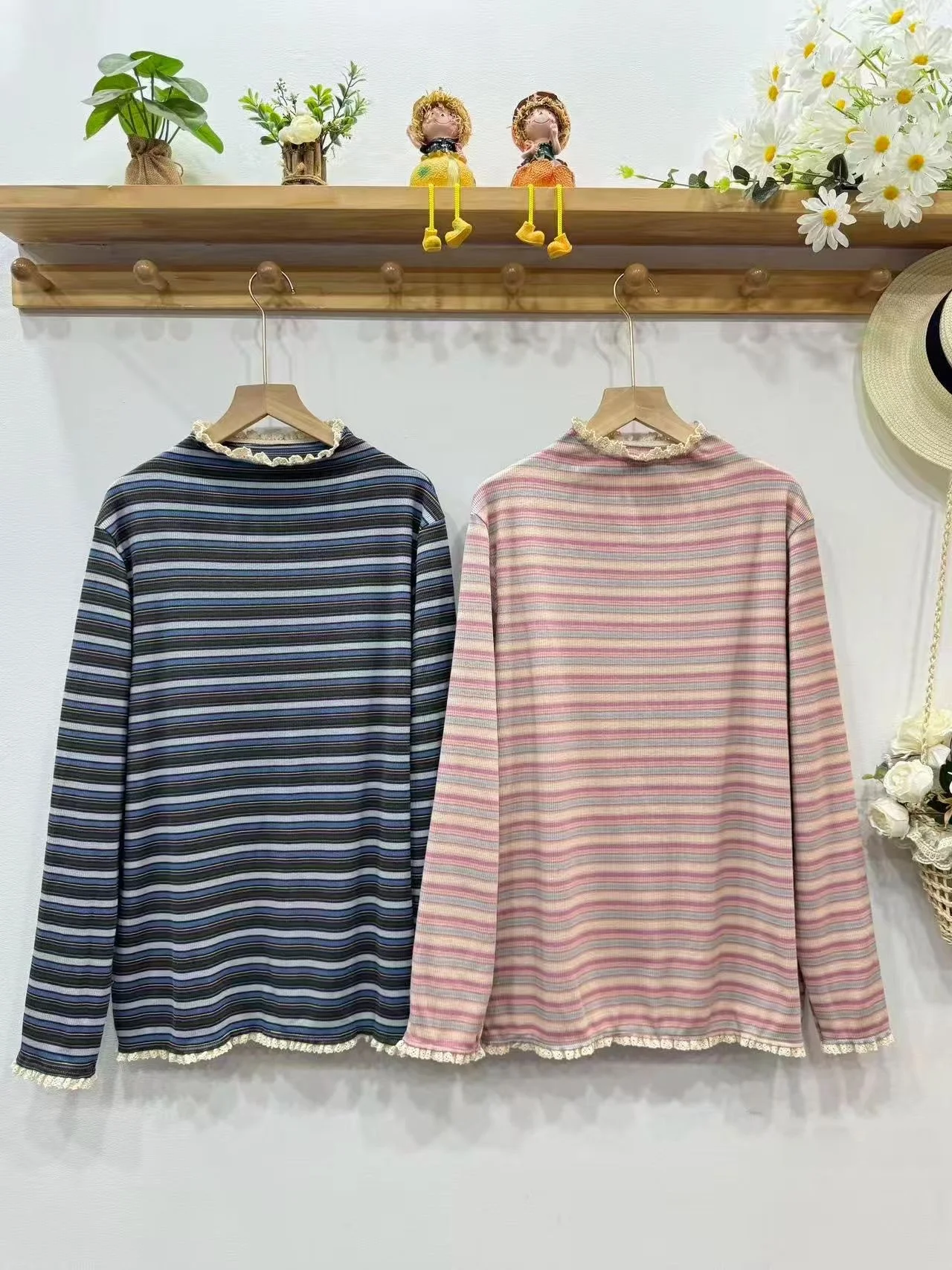 Sweet Lace Trim Splice f High Ne  Stripes Loose Fit Overhead Long Sve T-irt Top for Women Casual Sweet Sle