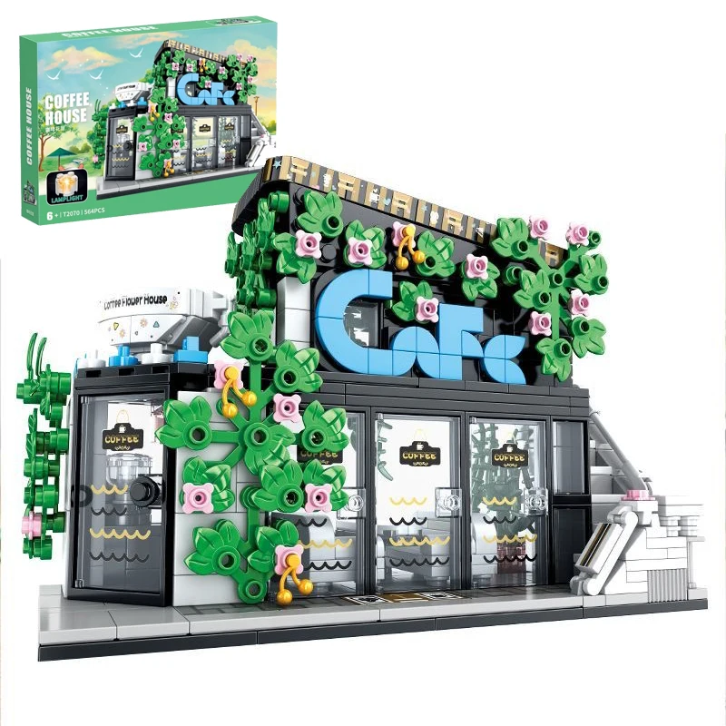 

564PCS MOC Coffee Flower House Building Blocks Model City Street View Bricks Sets LED Lights Kids 3D Puzzle Educational Toy Gift