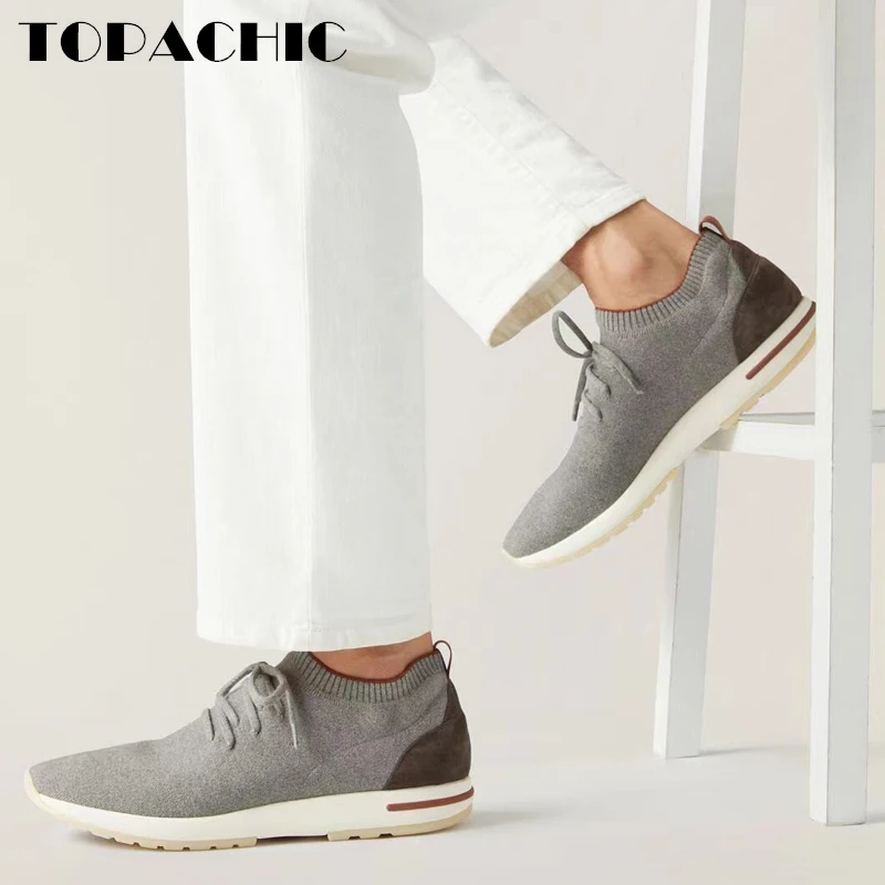 12.20 TOPACHIC Men's Stretch Knitted Wool Sneakers Lace-Up Rubber Outsole Casual Running Shoes