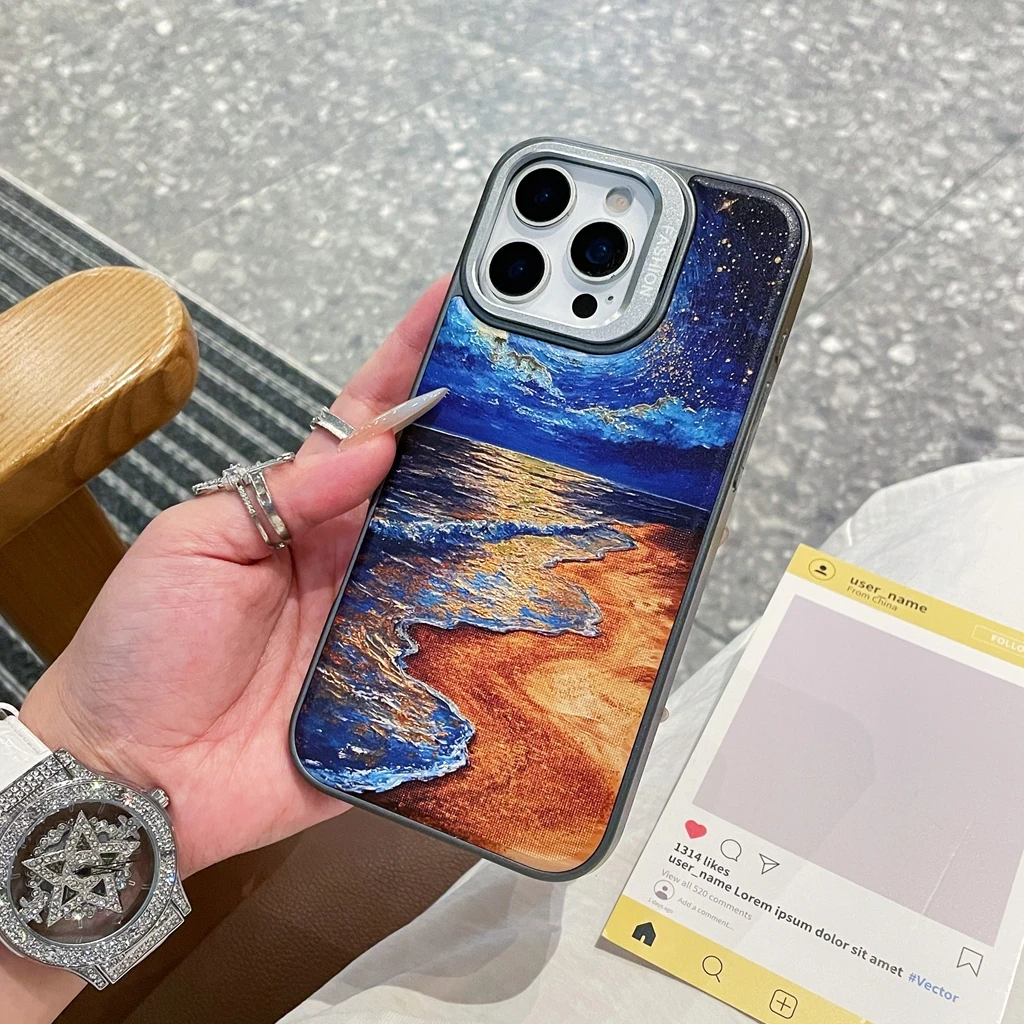 النفط اللوحة مذهب المشهد فناء الشاطئ مع حامل المغناطيسي غطاء الهاتف القضية آيفون 17 16 15 14 13 برو ماكس 17 الهواء #6