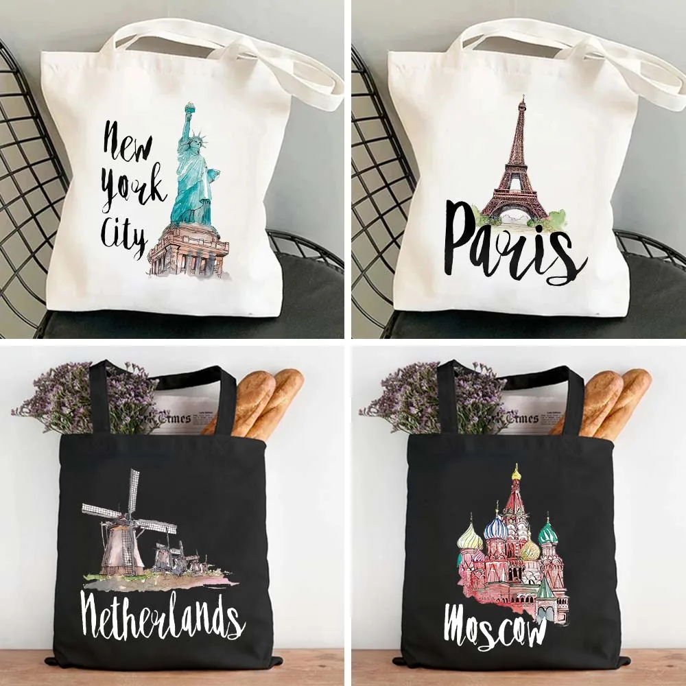 

New York Amsterdam Taj Mahal Moscow Paris Milan Letter Print City Women's Canvas Shoulder Totes Bag Cotton ECO Shopping Handbags