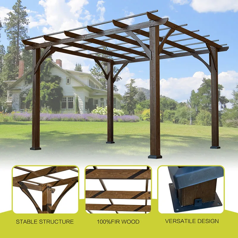 12' x 10' Outdoor Pergola Wood Grape Gazebo for Climbing Plant Support Garden  Patio Backyard Deck Brown