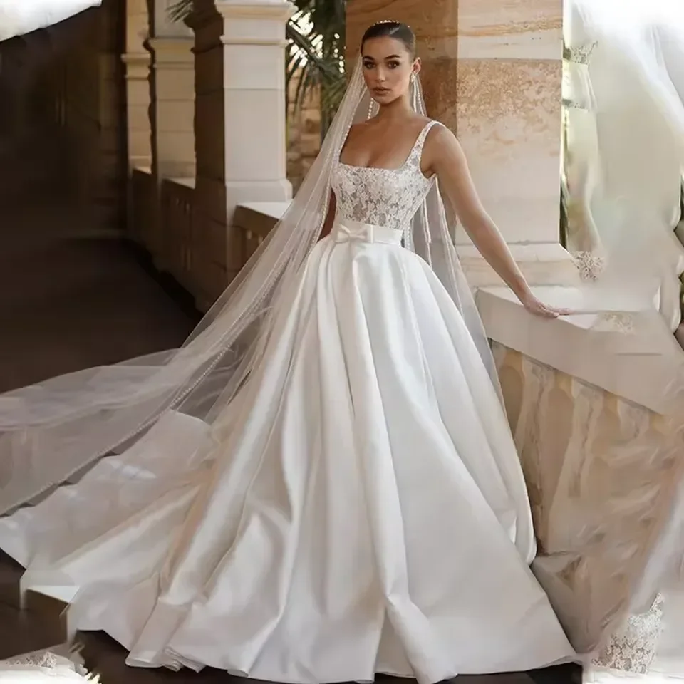 White A-Line Wedding Dress with Wide Straps Backless Design Beach Satin Bridal Gown Designer Style for Elegant Wedding Dresses