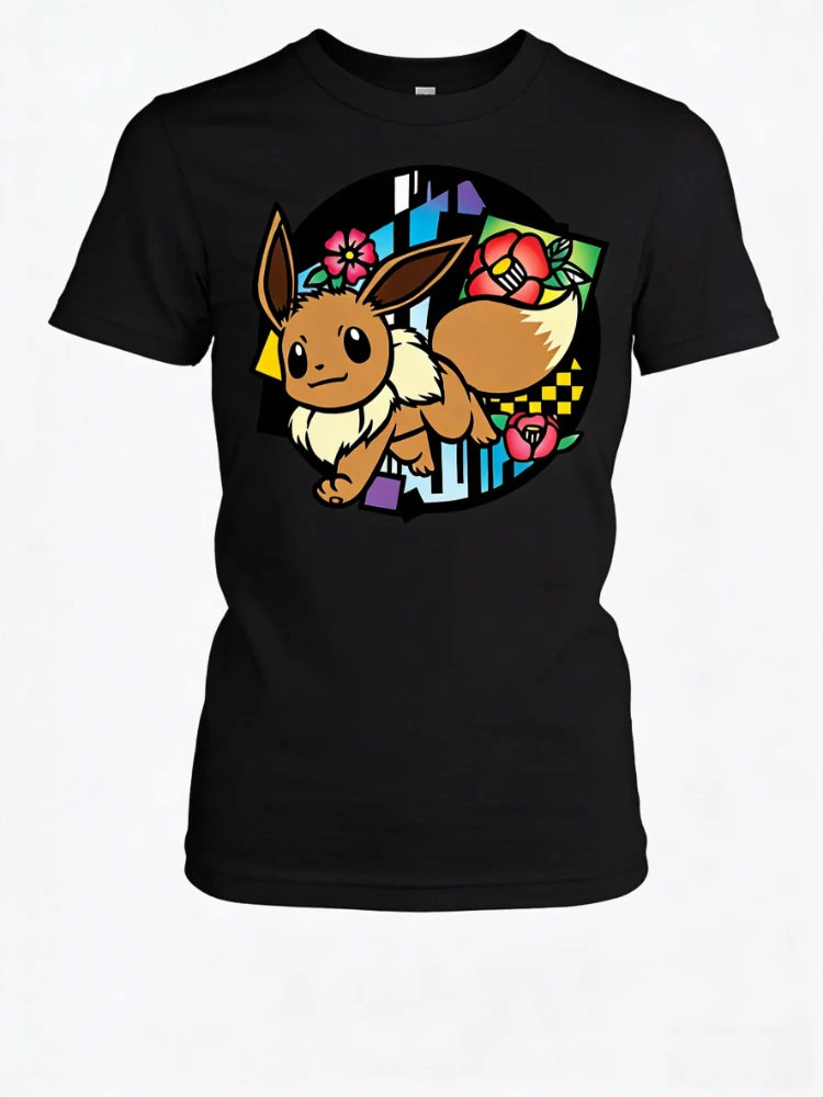 

Bandai New Pokemon Genie Eevee Цветной аниме-принт Модная мужская свободная удобная футболка высокого качества с коротким рукавом для родителей и детей