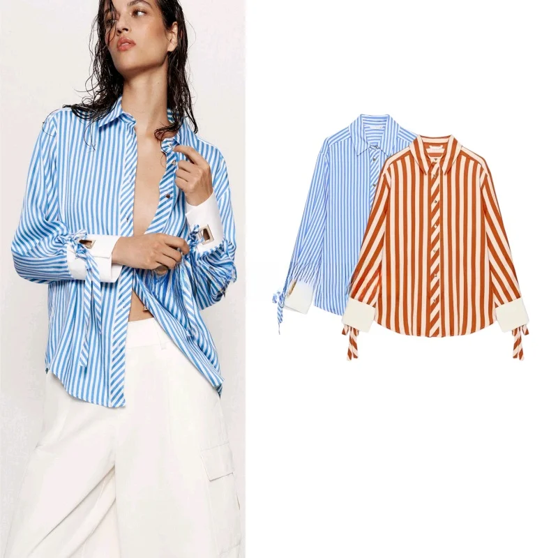 

Summer New Women's Commuter Style Long Sleeve Plaid Shirt with Bow Tie Striped Loose Fit Polyester Breathable Fashion Ladies'...