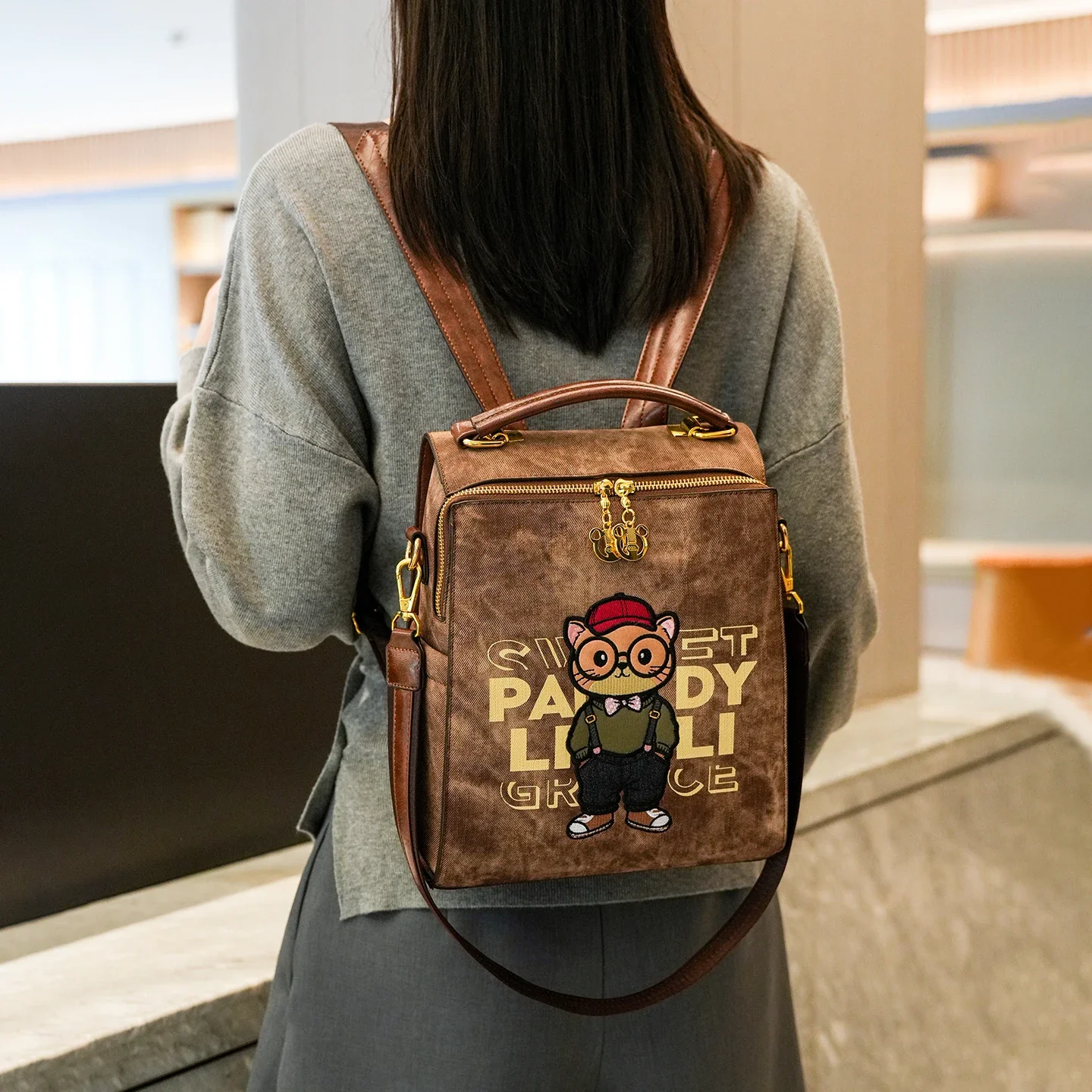 Kawaii Anime Multiway Backpack Cartoon Glasses Animal Applique Shoulder Bag Women Girls Adults Student Cute Daily School Commute