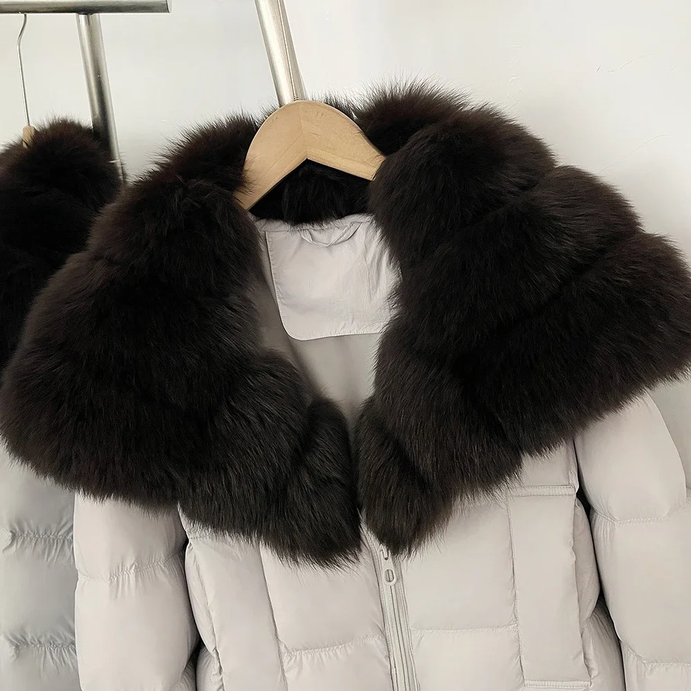OFTBUY 90 Weiße Daunenjacke, flauschig, warm, mit Reißverschlusstaschen, gesteppte kurze Jacke, Winterjacke, echtes Fuchsfell, großer Kragen – Detail 9