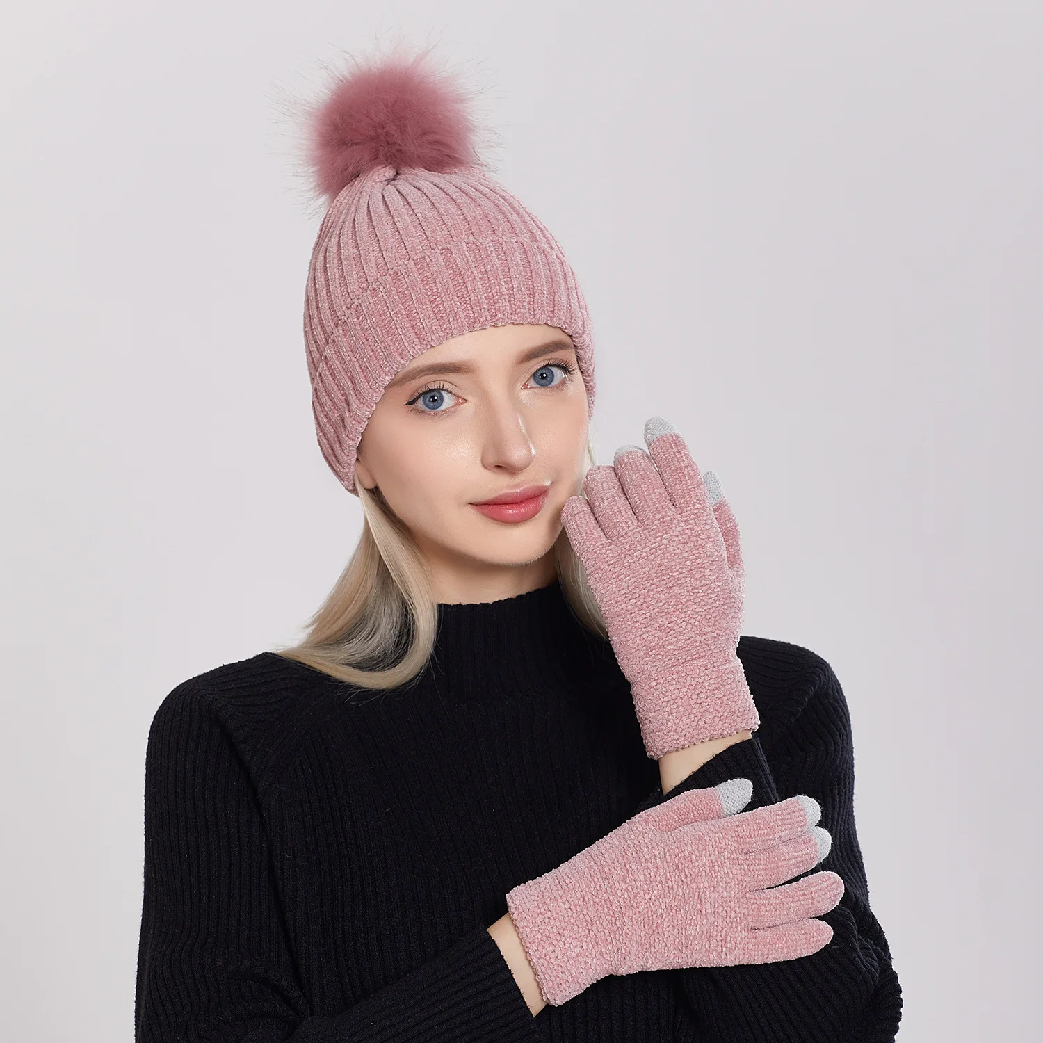 new women's chenille knitted woolen hat gloves 2piece suit European American women's autumn winter warm beanie cap S114
