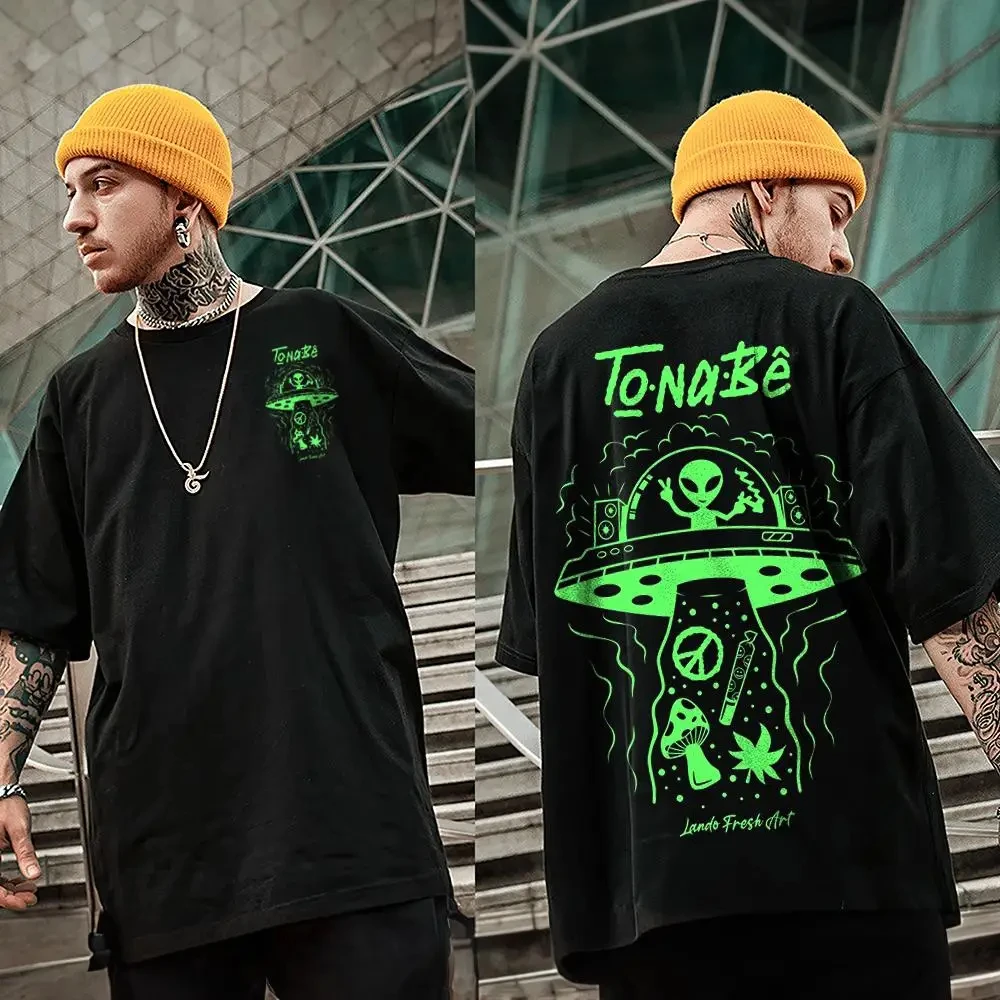 Men's T-shirt 3D UFO Alien Print 2024 New Loose Black T-shirt, Oversized Short Sleeved Casual Trendy Men's Clothing Y2K