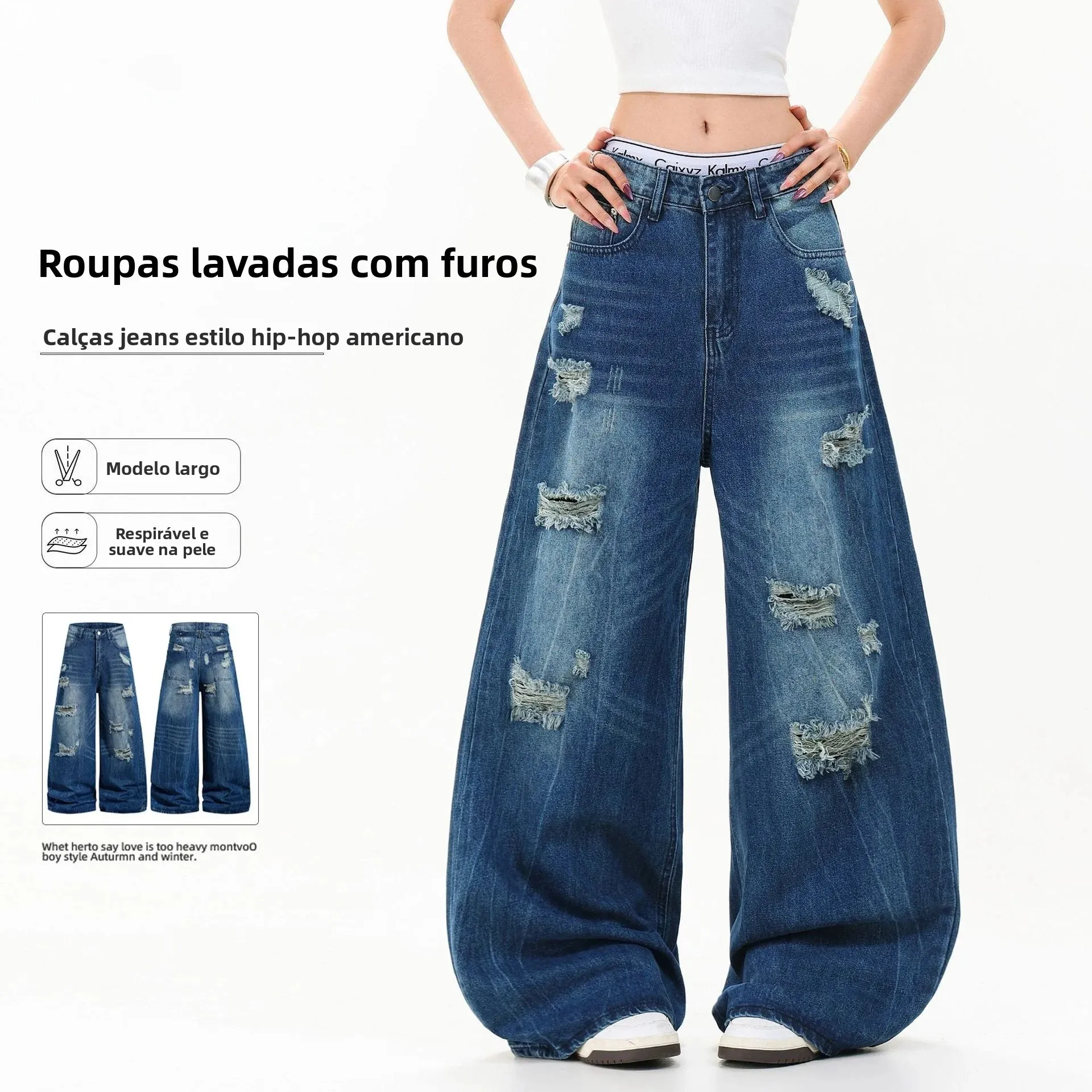 Calças Jeans Rasgadas Estilo Americano Oreeta, Largas e Soltas, para Homens e Mulheres, Jeans Casuais de Algodão com Pernas R...