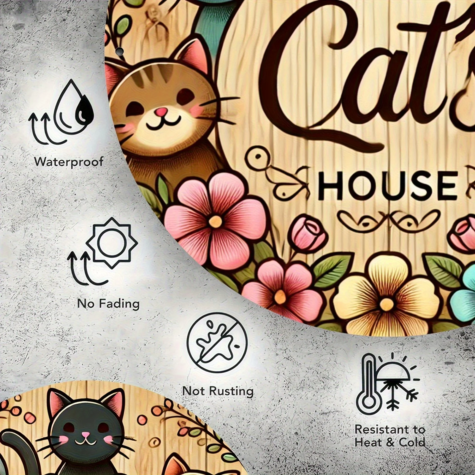 [2D Flat] 1 Stück 19,99 x 19,99 cm Aluminium-Katzenhaus-Wanddekoration – „Willkommen im Katzenhaus“, rundes Metallschild mit niedlicher Cartoon-Katze
