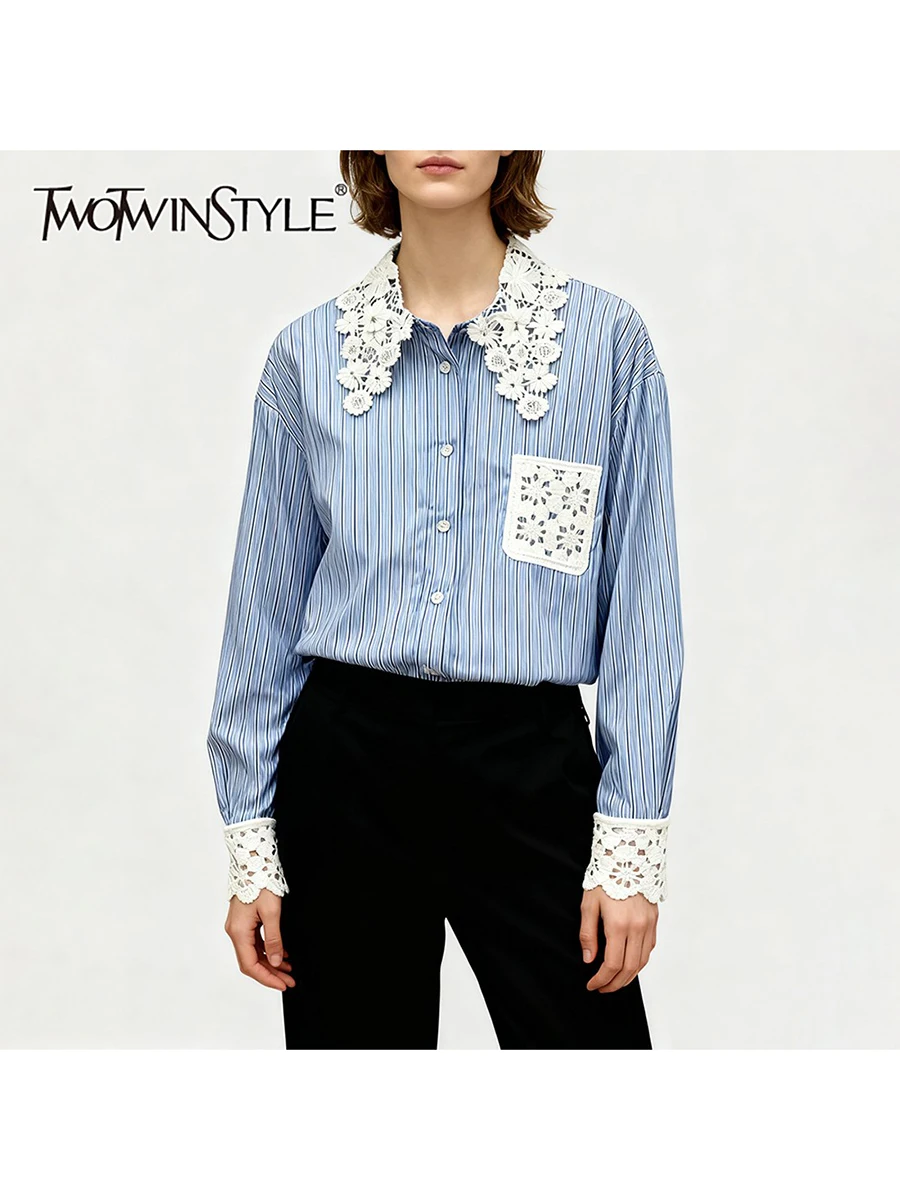 

TWOTWINSTYLE Hit Color Spliced Striped Casual Shirts for Women Lapel Long Sleeves Patchwork Embroidery Elegant Shirt Female New