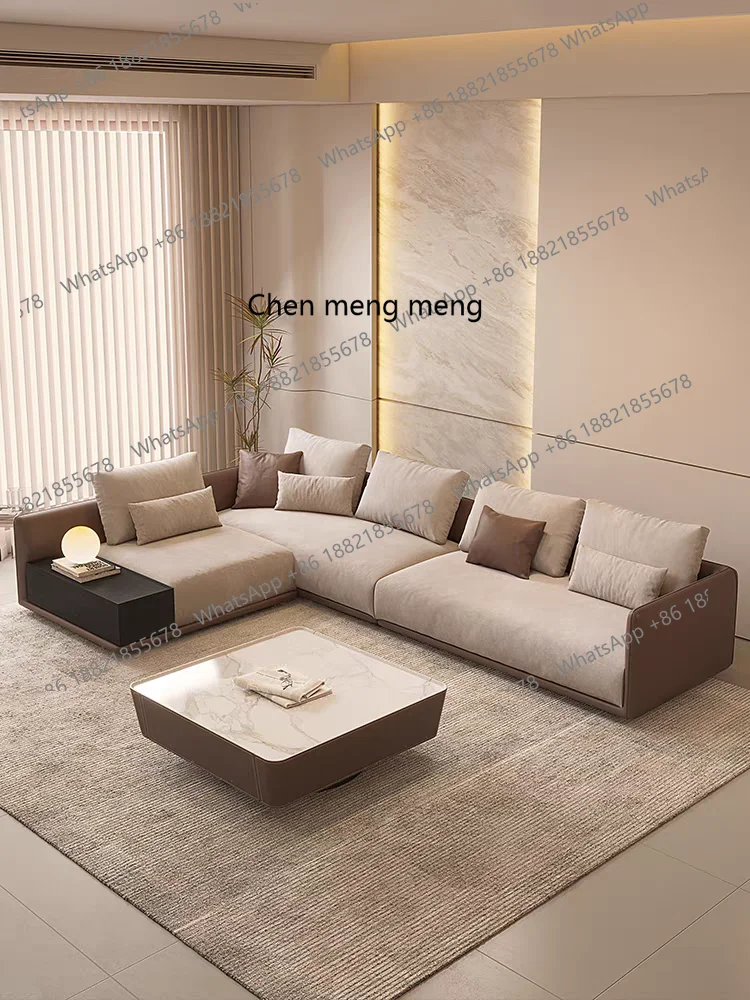 

Italian minimalist leather cloth combination sofa wabi sandy wind villa large flat-floor living room, corner princess sofa